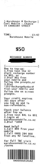 Warehouse Mobile Top Up $50 for $33.5 (33% off $50 Top Up)