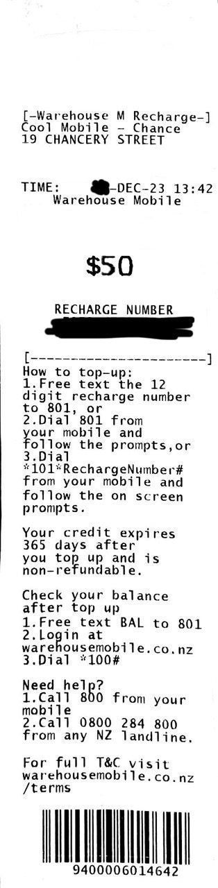 The Warehouse Mobile Top Up Voucher $50.00