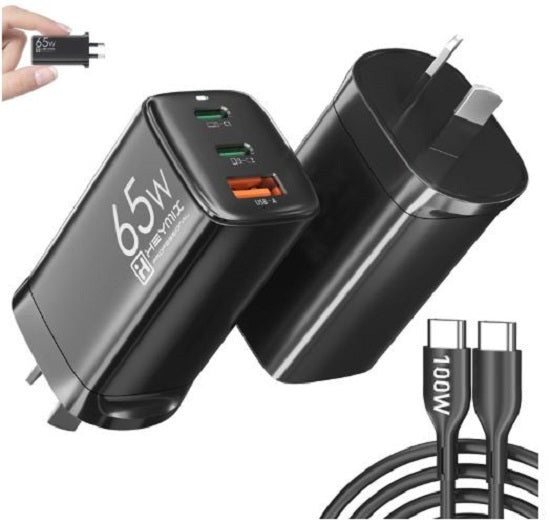HEYMIX 65W 3 Ports(2X USB C+1X USB A) GaN III Fast Charger Black