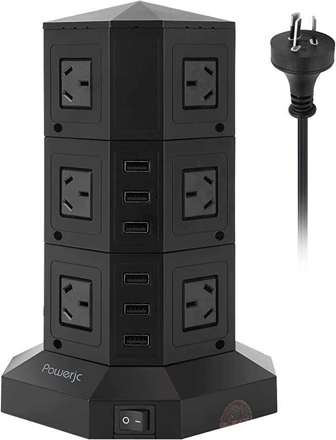 Power JC Tower Power Strip USB Surge Protector Socket 12 AC Outlets + 6 USB Ports