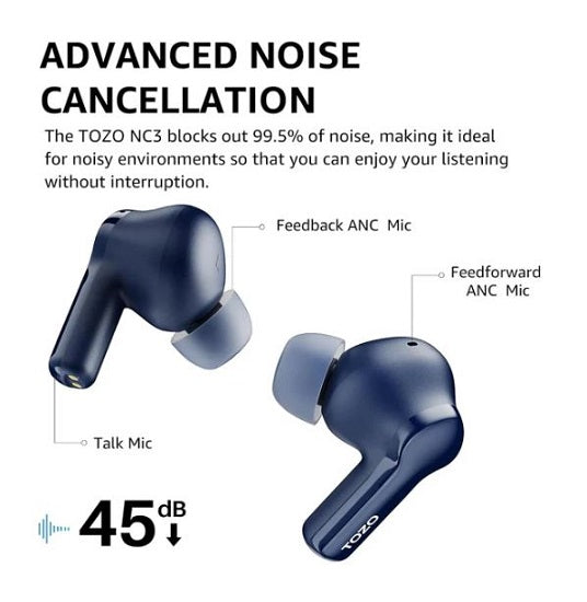 TOZO NC3 Hybrid Active Noise Cancelling Wireless Earbuds Blue