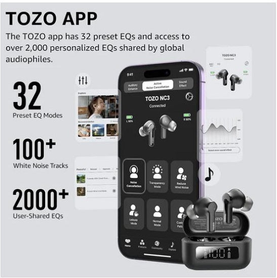 TOZO NC3 Hybrid Active Noise Cancelling Wireless Earbuds Blue