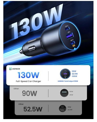 UGREEN 130W 3 Ports Car Charger (USB A, C)