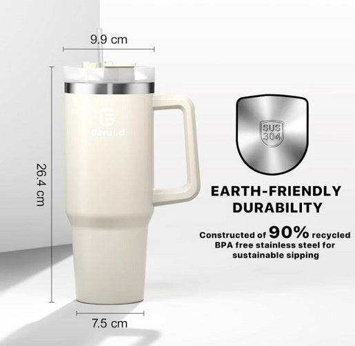 Berusd 1.2L Insulated Tumbler with Handle and Straw Lid CREAM