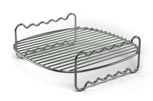 Metal cooking rack for air fryer, designed for even heat distribution and optimal crisping of food.
