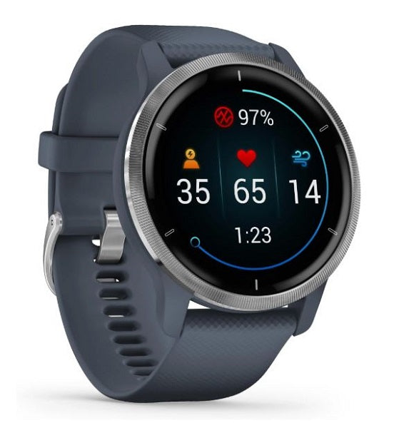 Garmin Venu 2 GPS Smart Watch Silver Bezel with Granite Blue Case Silicone Band